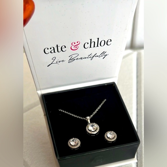 Cate & Chloe 18k White Gold Plated Halo Pendant Necklace & Crystal Stud Earrings - Picture 2 of 10